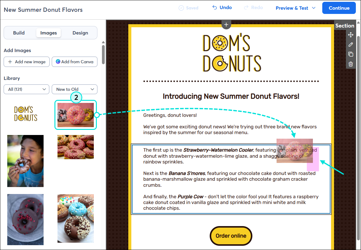 Email editor Images tab, drag-and-drop image into Text block with guide block visible