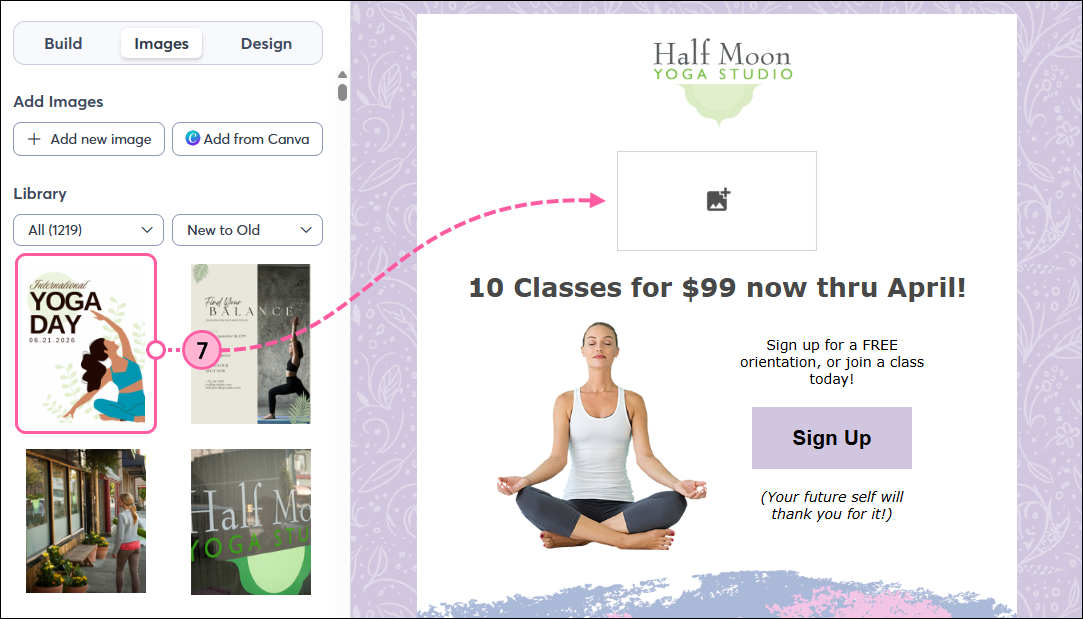 Email editor, Images tab, and Canva design to insert