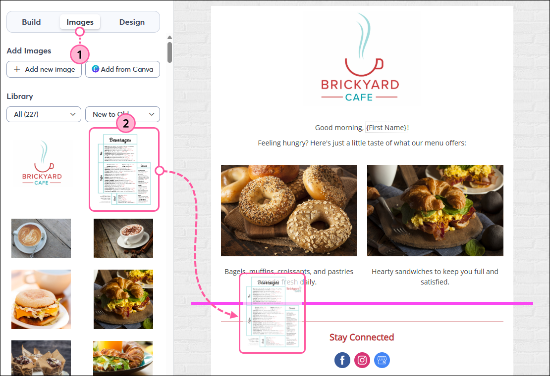 Images tab, Drag-and-drop Image Thumbnail Into Template