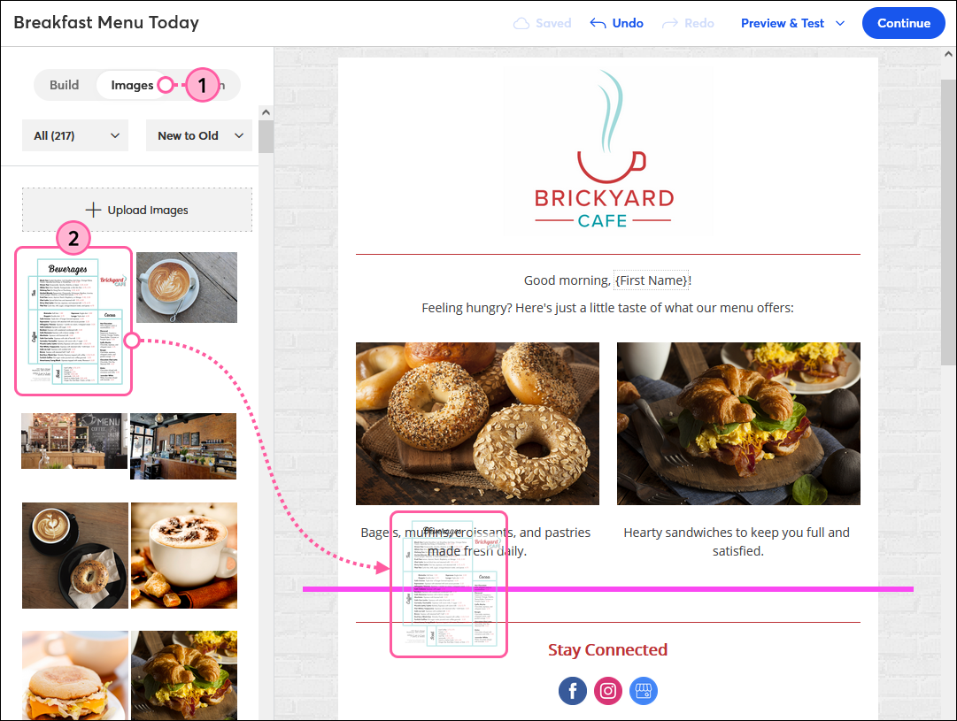 Tab „Images“ (Bilder), das Miniaturbild per Drag-and-Drop in die Vorlage ziehen und ablegen