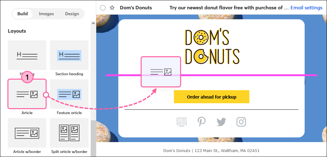 Tab Erstellen, Abschnitt Layouts und Drag-and-Drop eines Artikels mit Randblock in Vorlage
