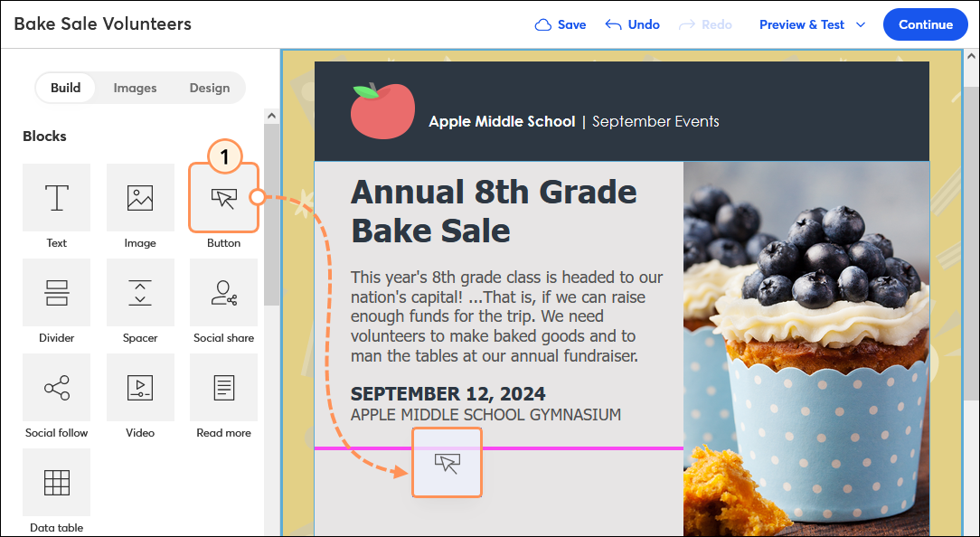Build tab, drag-and-drop Button block into template