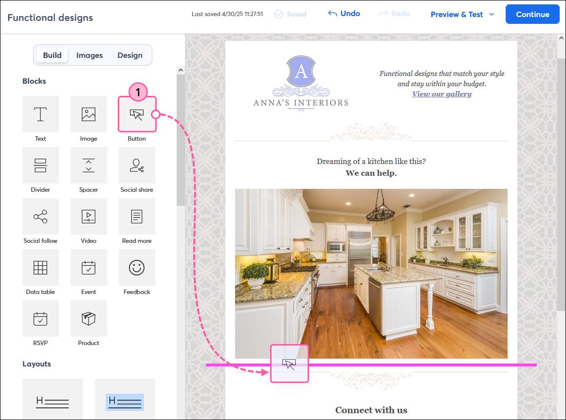 Email editor Build tab, Button block drag-and-drop into the template with guideline visible