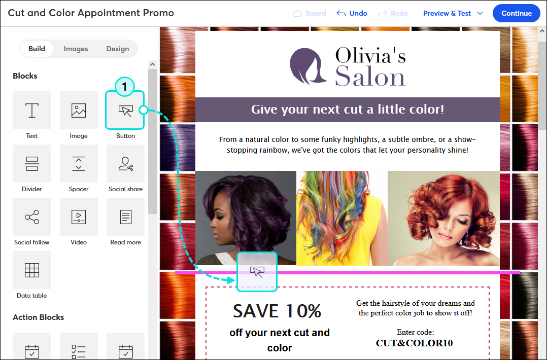 Email editor Build tab, drag-and-drop Button block into template with guideline visible