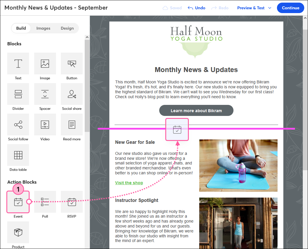 Email editor with Event block