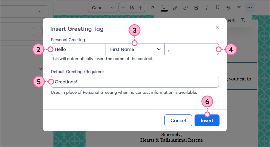 Primary and Secondary Greeting Fields and Insert Button