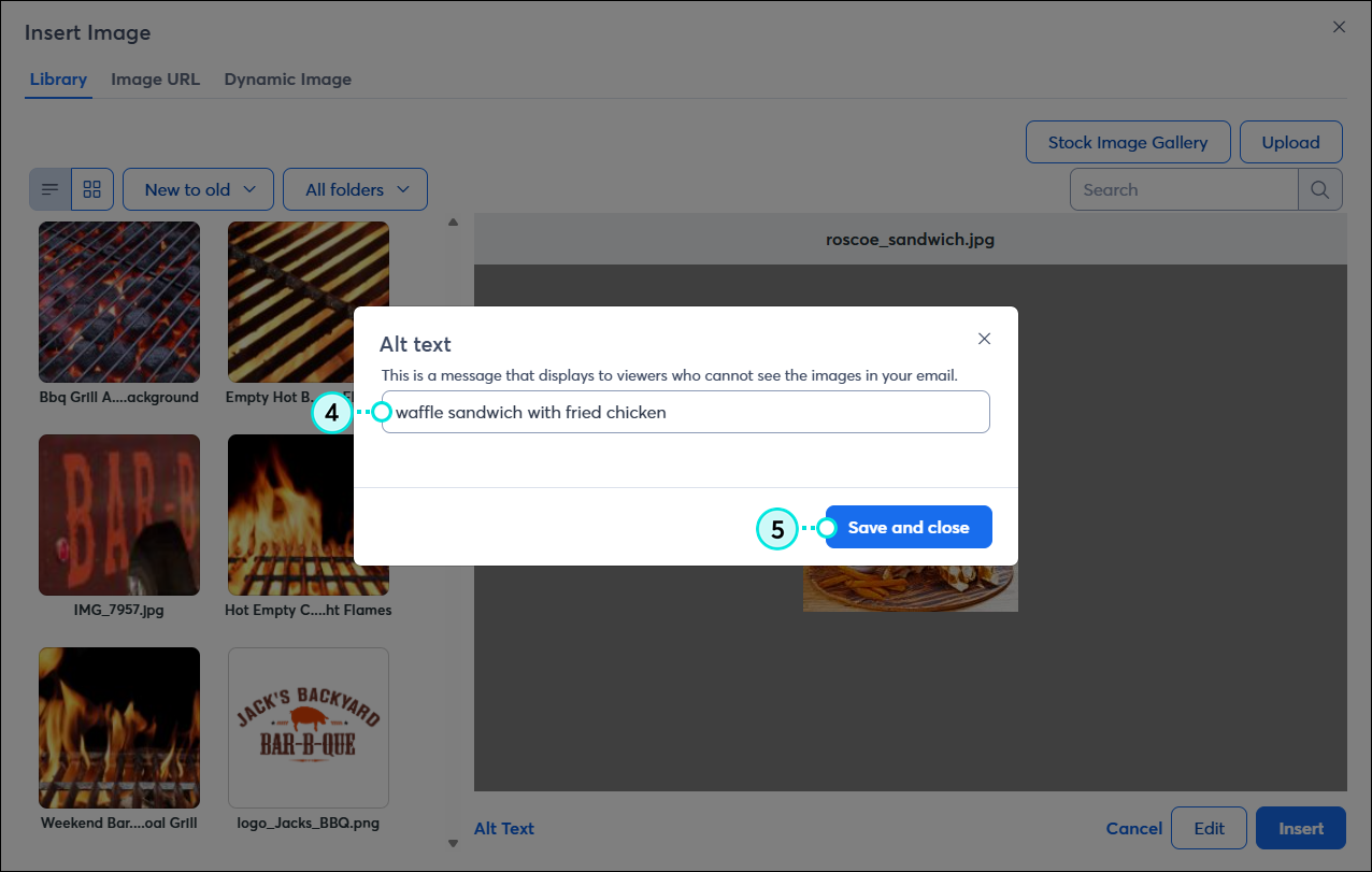 Campo Alt Text (Texto alternativo) y botón Save (Guardar) y Close (Cerrar)