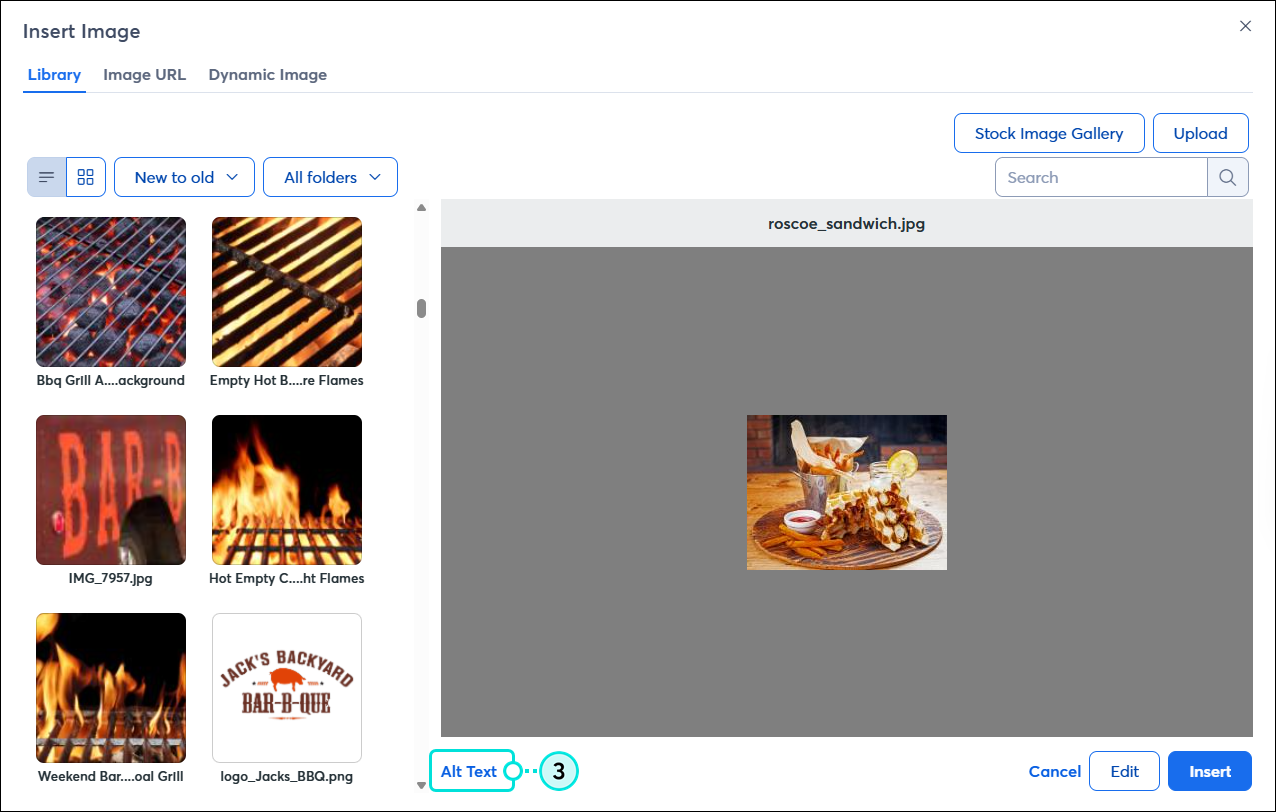 Ventana emergente Insert Image (Insertar una imagen) con un enlace Alt Text (Texto alternativo)