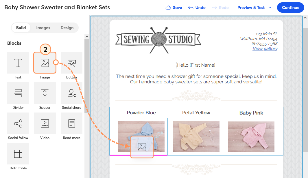 Email editor Build tab, drag-and-drop image placeholder into template with guideline visible