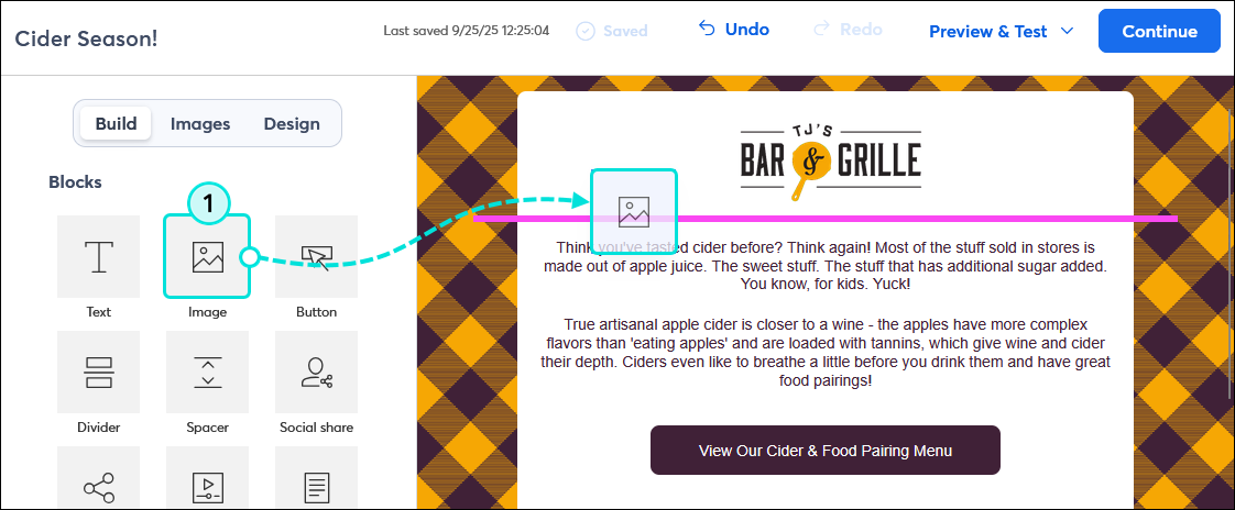 Email editor with Build tab selected, Blocks section and drag-and-drop Image block into template