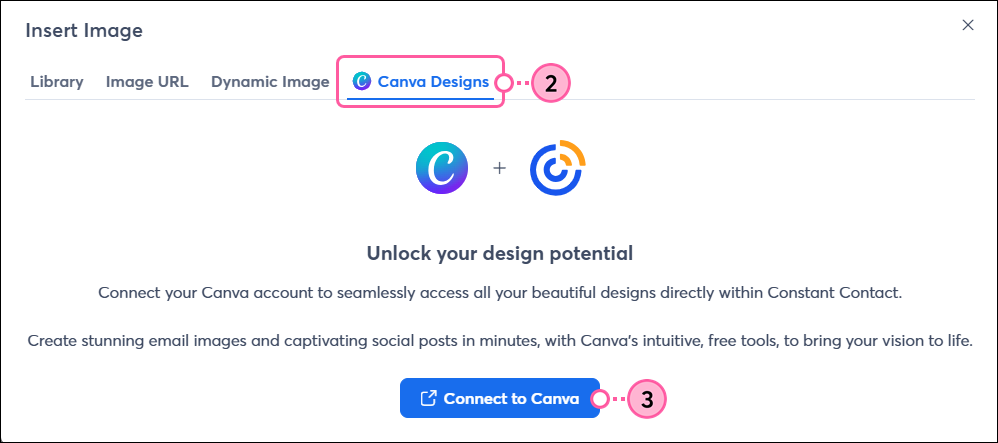 Insert Image pop-up, Canva Designs tab, and Connect to Canva button