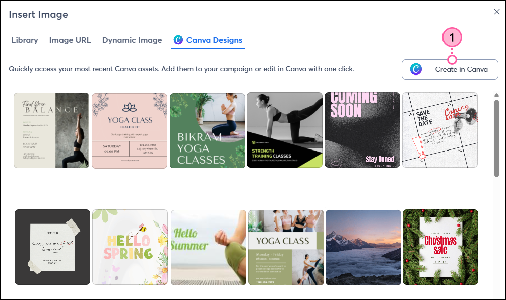 Insert Image pop-up, Canva Designs tab, and Create in Canva button