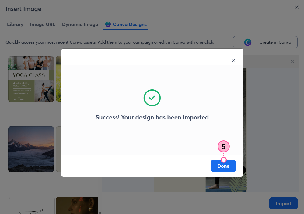 Insert Image pop-up, Canva Designs tab, design imported success message, and Done button