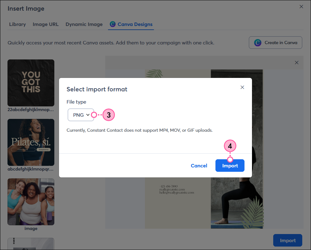 Insert Image pop-up, Canva Designs tab, design imported success message, and Done button