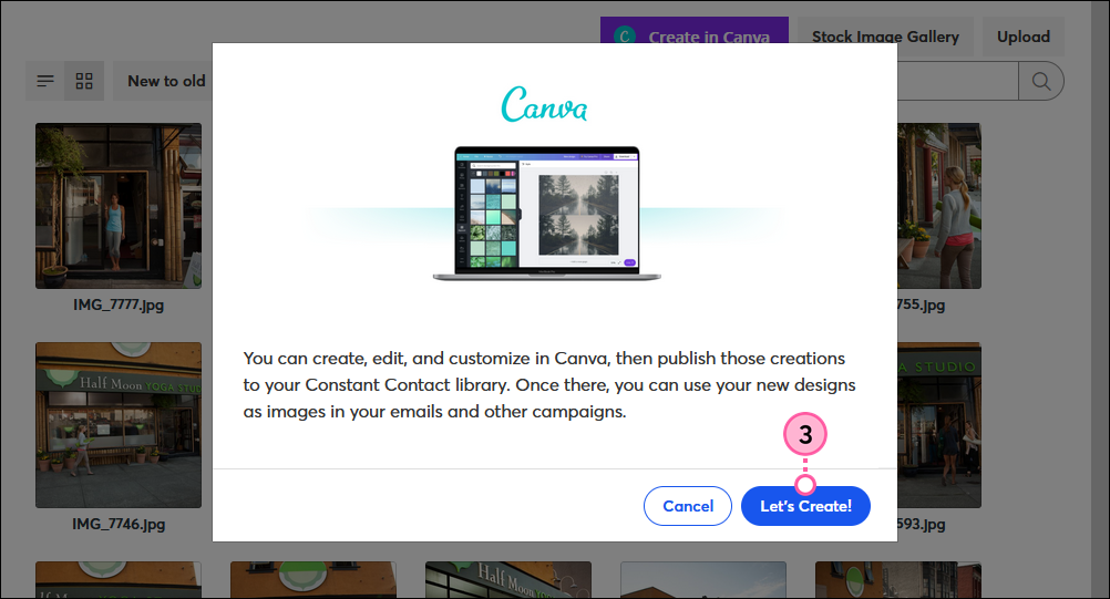 Canva overlay with Let's Create button