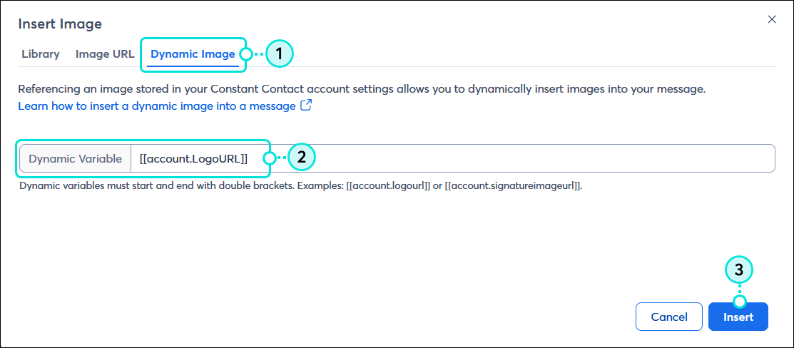 Insert Image overlay with Dynamic Image tab selected, Dynamic Variable field with logo variable in double brackets, and Insert button