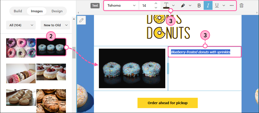 Tab Bilder, Drag-and-Drop von Bild in Vorlage und Text für Bildunterschrift mit Toolbar Text erweitert