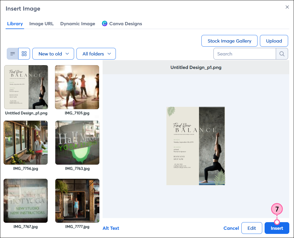 Insert Image pop-up, Library tab, image selected, and Insert button