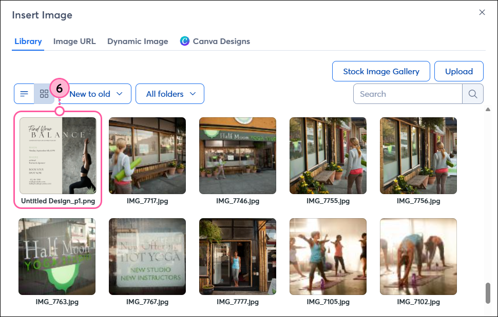 Email editor with Insert Image pop-up, Library tab, and imported Canva design selected