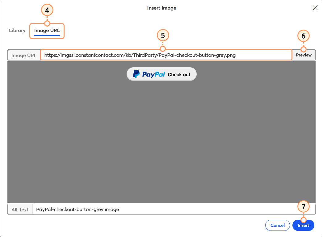 Insert Image overlay with Image URL tab selected, Image URL field, Preview button, image preview with PayPal button, and Insert button