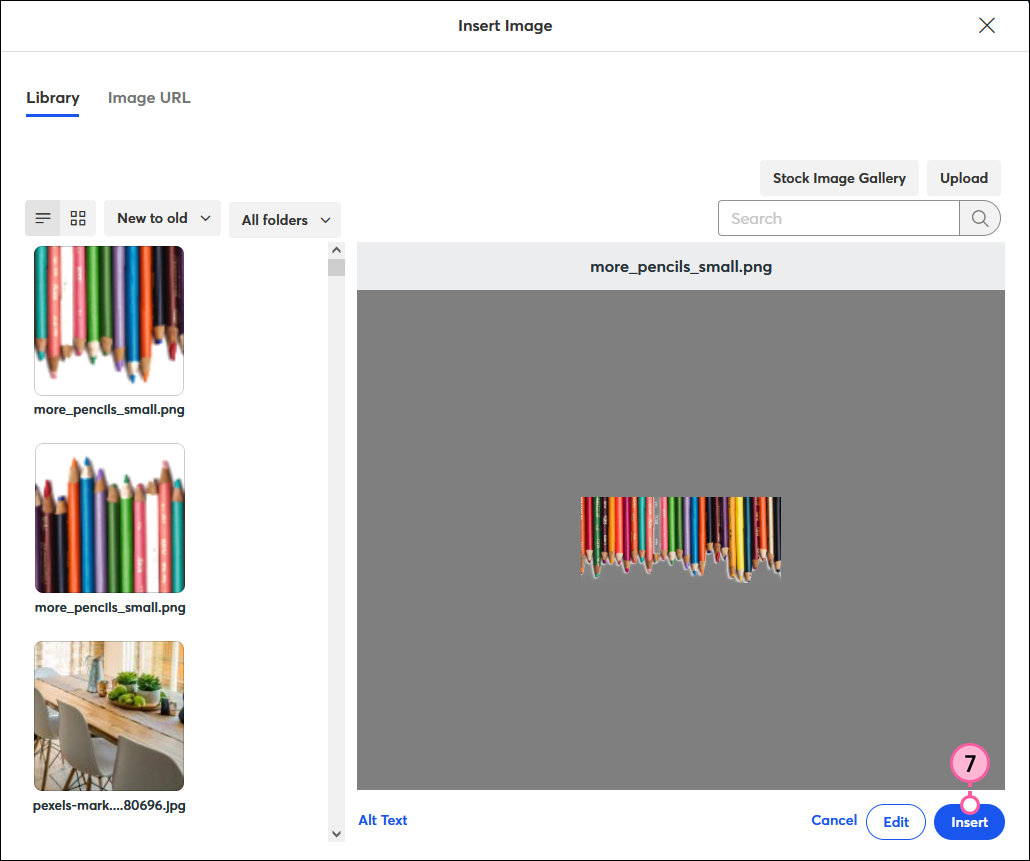 Insert Image overlay with Library tab selected, flipped image in Preview pane, and Insert button