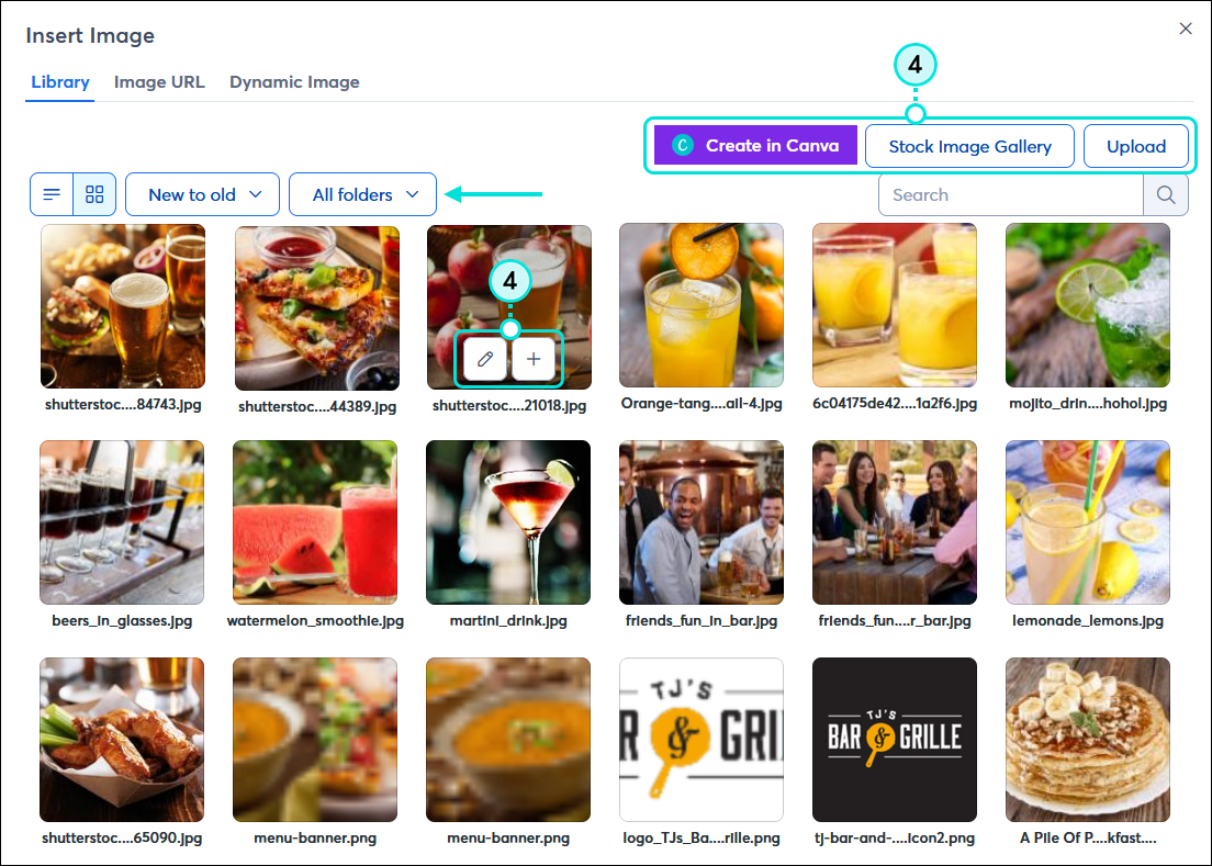 Section Insert Image (Insérer une image), onglet Library (Bibliothèque), onglet Image URL (URL de l’image) et onglet Dynamic Images (Images dynamiques), bouton Create in Canva (Créer dans Canva), bouton Stock Image Gallery (Galerie d’images de stock) et bouton Upload (Importer)