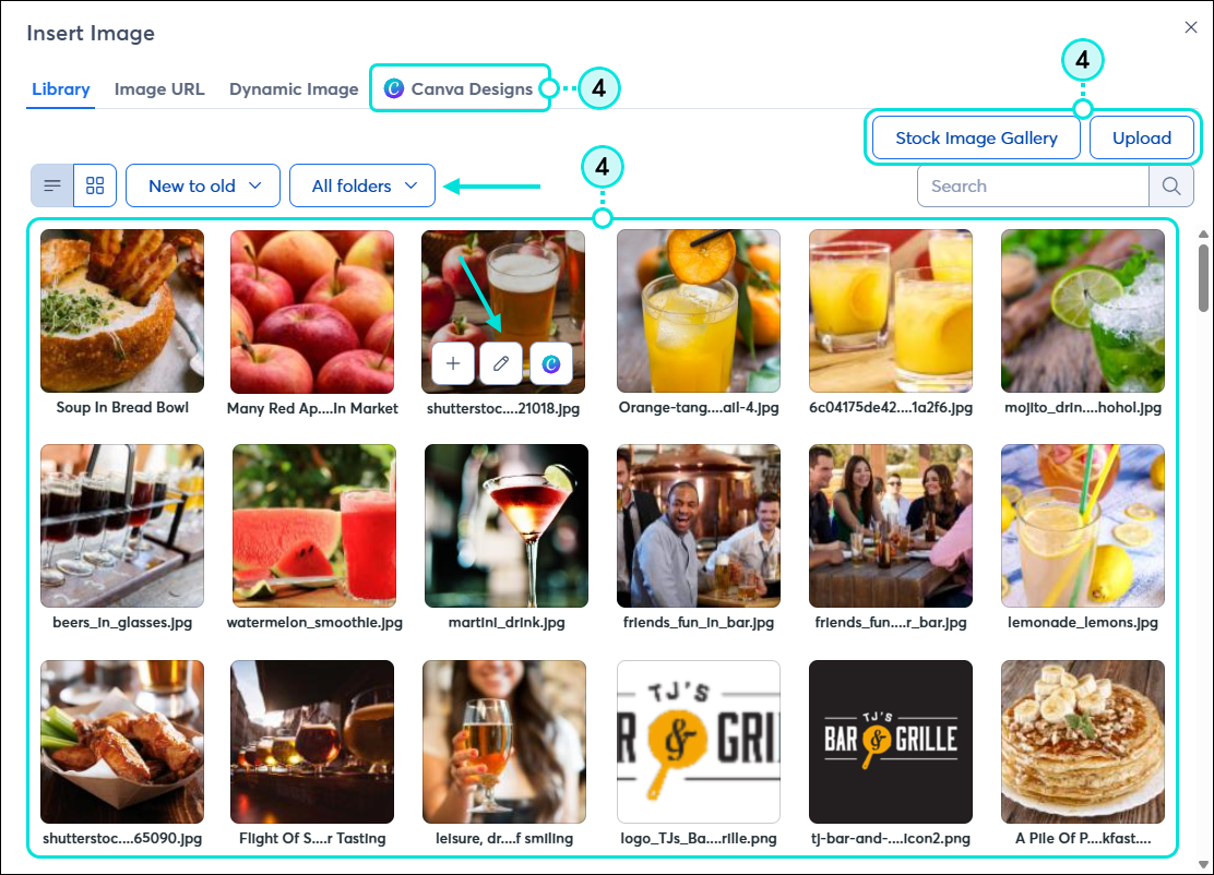 Insert Image overlay, Library tab, Image URL tab, and Dynamic Images tab, Create in Canva button, Stock Image Gallery button, and Upload button