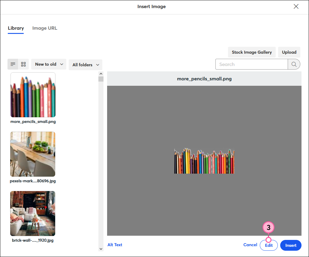 Insert Image overlay with Library tab selected, unflipped image in Preview pane, and Edit button