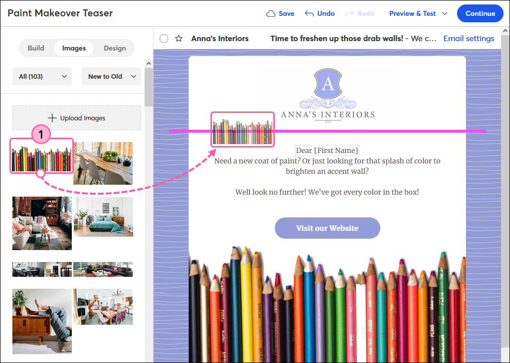 Email editor Images tab, drag-and-drop image into image placeholder in template
