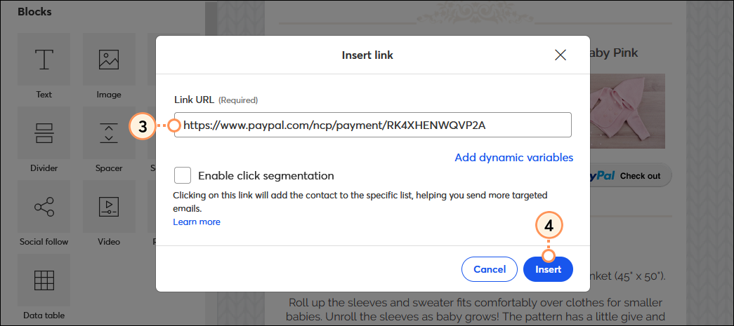 Insert Link overlay with Link URL field and PayPal checkout page URL, and Insert button