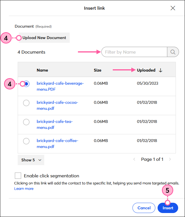 Schaltfläche Upload New Document (Ein neues Dokument hochladen), Document Selected (Ausgewählte Dokumente) und Schaltfläche Insert (Einfügen)