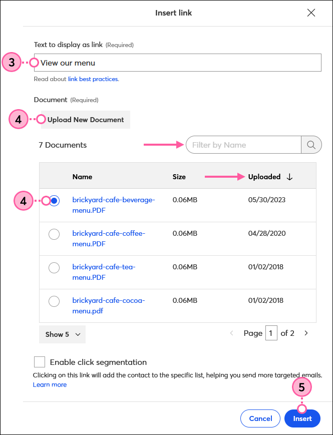 Schaltfläche Text Field (Textfeld), Option Document (Dokument) und Schaltfläche Insert (Einfügen)