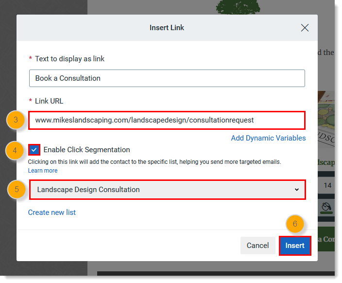 Champ de l’URL du lien, option Enable Click Segmentation (Activer la segmentation des clics), menu déroulant de sélection de liste et bouton Insert (Insérer)