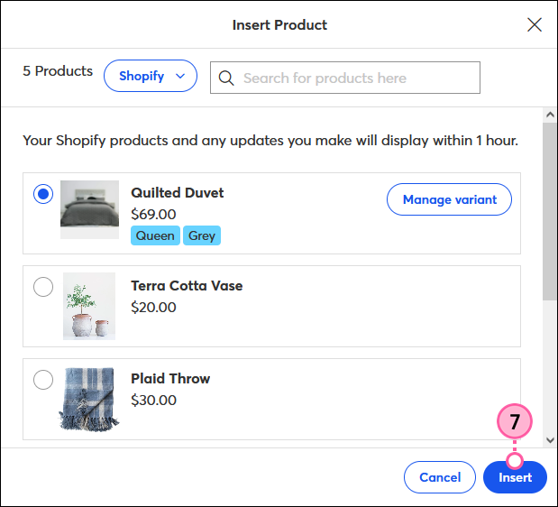 Product and variants selected, Insert button