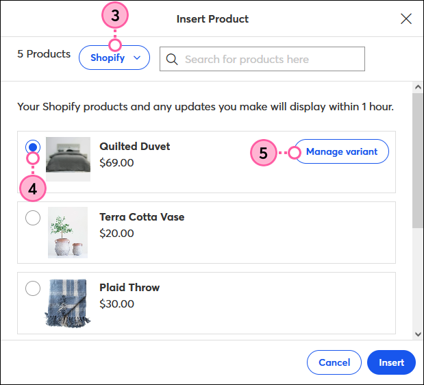 Store dropdown, select product, and Manage Variants button