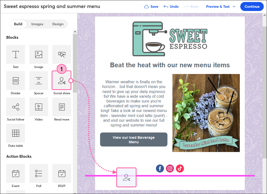 Drag Social Share Block Into Email Template
