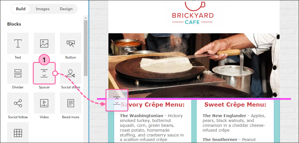 Email editor Build tab, with drag-and-drop-spacer below banner image, and guideline visible and stretched across the width of the template 