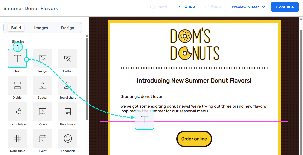 Email editor Build tab, drag-and-drop Text block into template as a column with guideline visible