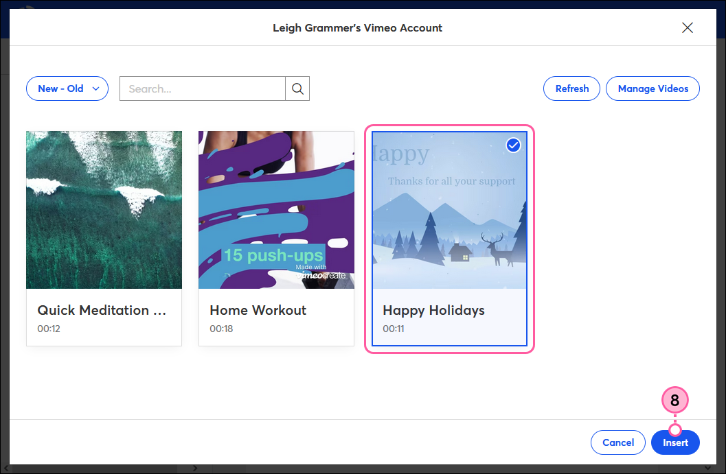 Select a Vimeo Video and Insert