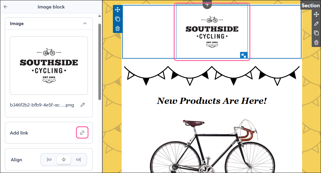 Email editor with Images tab and logo, and Image block with Image panel visible with Link button