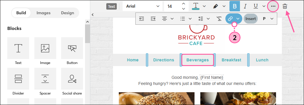 Text Toolbar with Highlighted Link Button and Trash Can icon