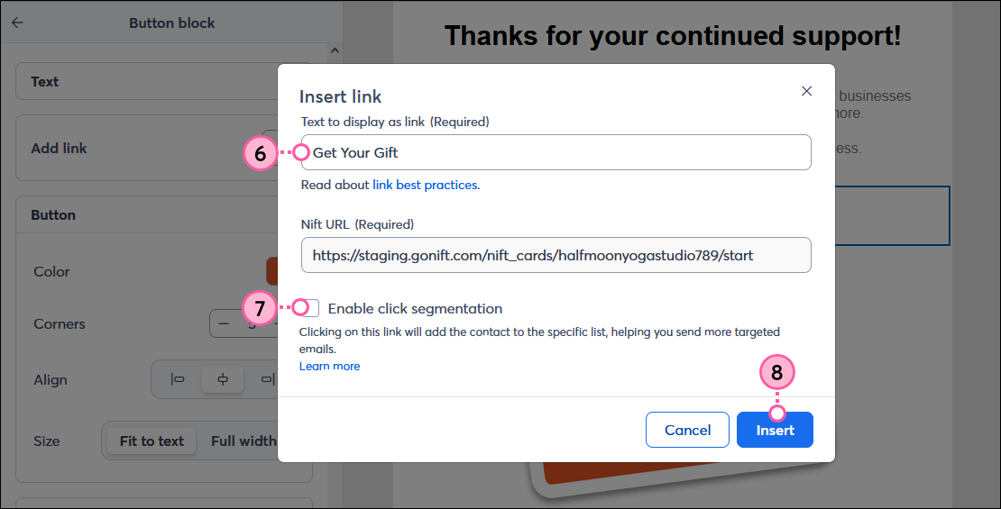 Link Text field, Click Segmentation checkbox, and Insert button