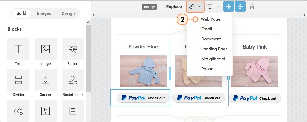 Email editor Build tab with branded PayPal button images and Image toolbar with Link menu expanded and Web Page option selected