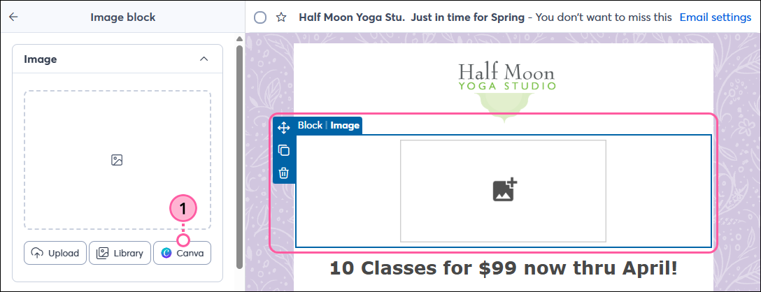 Email editor with image placeholder selected, and Canva button in left-hand panel