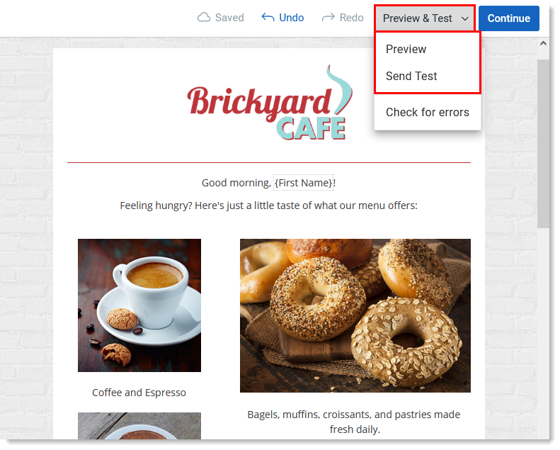 Draft email in editor with Preview and Test drop-down