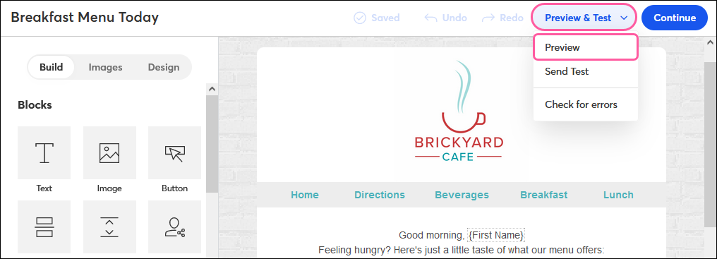 Preview & Test Button drop-down with Preview option