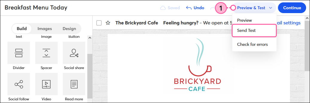 Draft email, Preview and Test button, and Send Test option