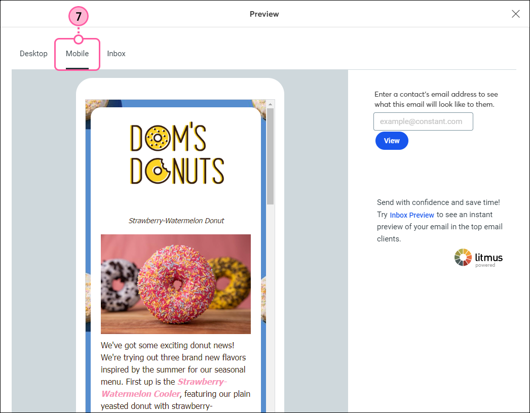 Overlay Vorschau, Tab Mobil und E-Mail-Inhalt mit Abstandhalter über Unterschrift, sowie Text