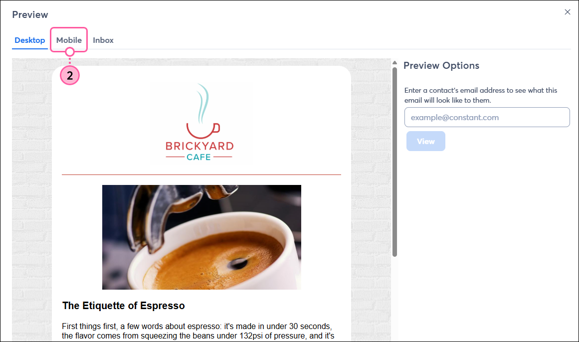 Desktop Preview of email and Mobile tab