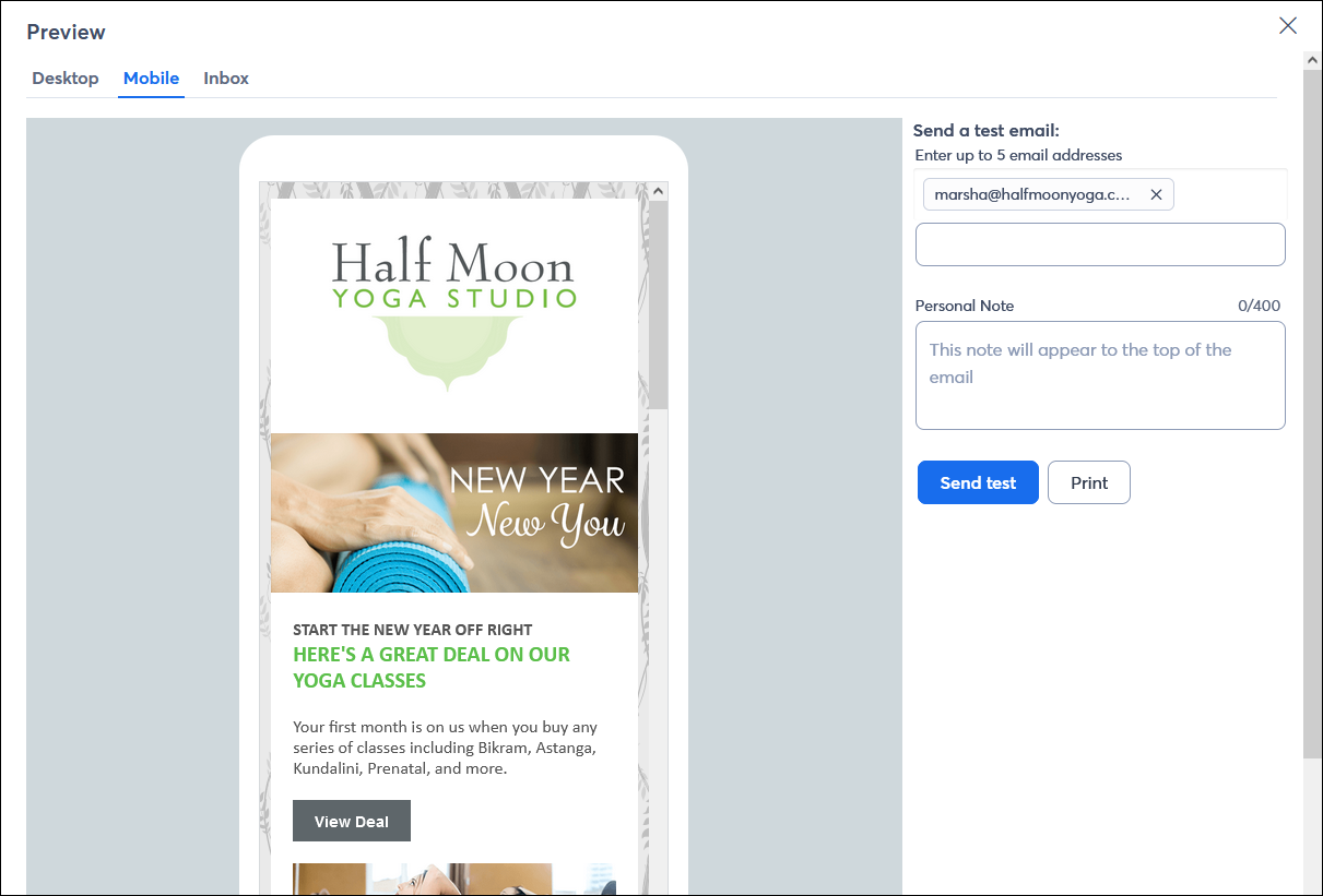 E-Mail-Vorschau mit mobiler Ansicht und Option zum Senden einer Test-E-Mail